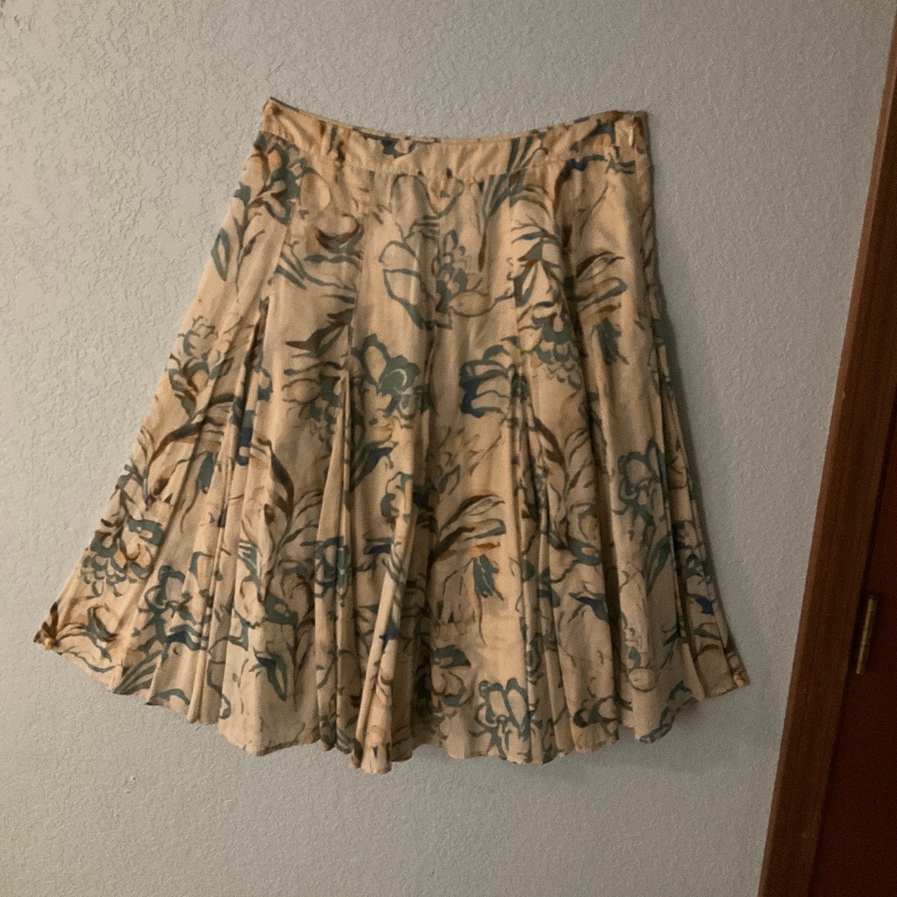Teal Blue, brown and taupe printed skirt, full with with inverted pleats